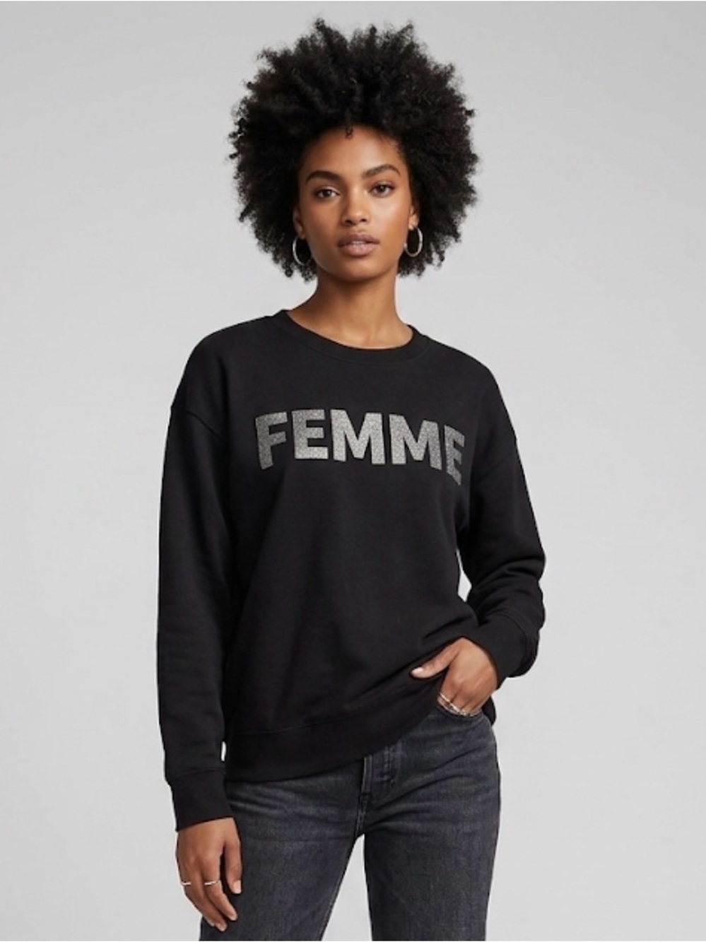 Betsey Johnson Black Crewneck Sweatshirt with Shimmery FEMME Graphic